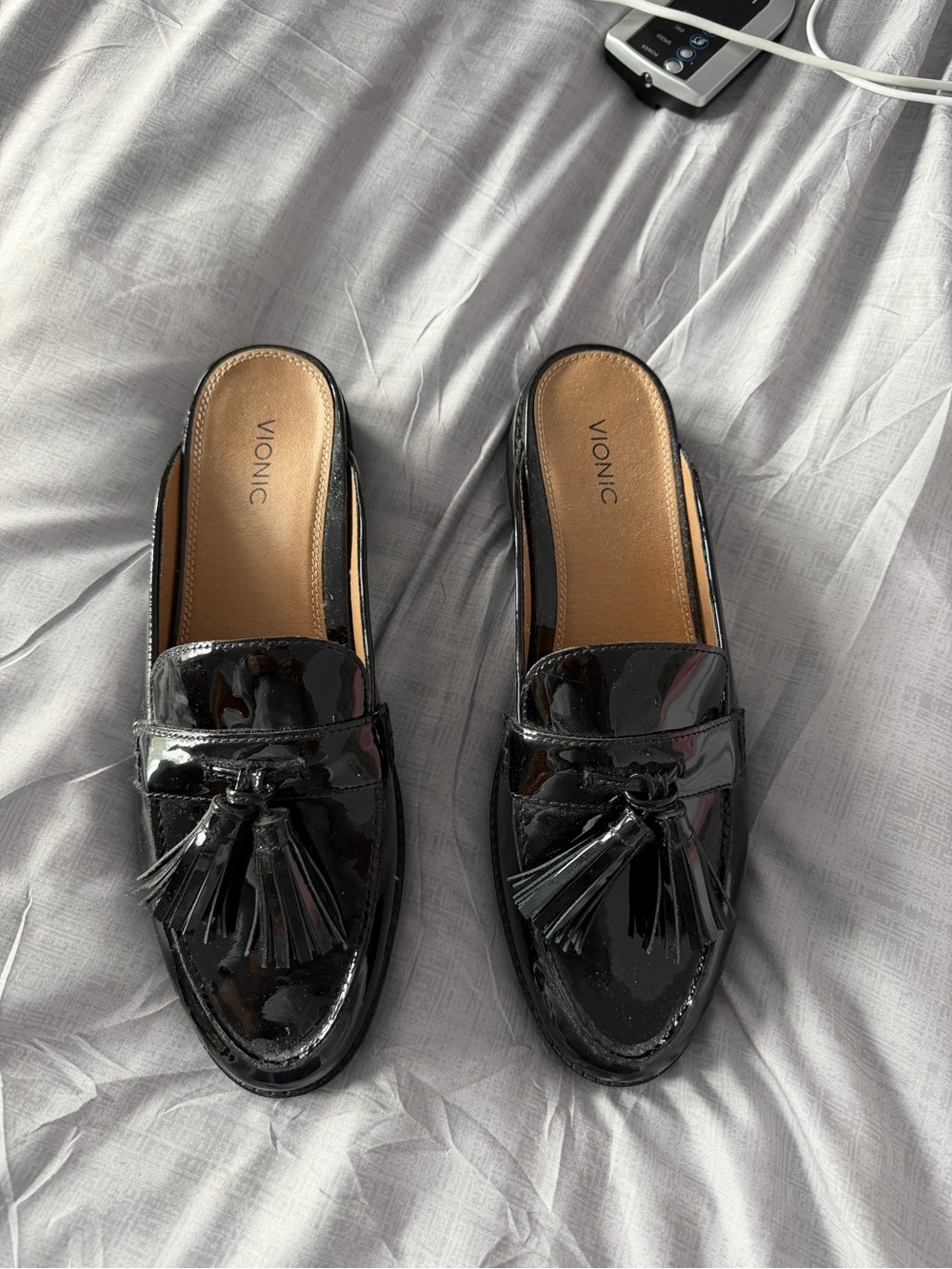Vionic Black Patent Tassel Slip-On Mules